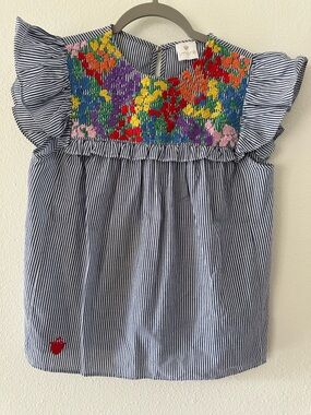 J. Marie Smocked Striped Flutter Sleeve Top with Colorful Floral Embroidery